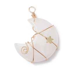 Хрусталь Подвески из медной проволоки из натурального кварца, луна из горного хрусталя со звездами, золотые, 44.5x35x11.5 мм, отверстие : 4 мм