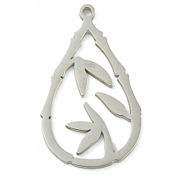 Нержавеющая Сталь Цвет 304 подвески из нержавеющей стали, лазерная резка, подвеска в виде капли с листьями бамбука, цвет нержавеющей стали, 30x17.5x1 мм, отверстие : 1.5 мм