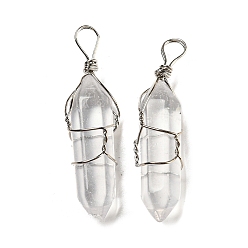 Хрусталь Подвески с двойным наконечником из натурального кварца, Подвески-пули из горного хрусталя с огранкой из железной проволоки с платиновым покрытием, 42~46x10x13 мм, отверстие : 6~7x4.5~5.5 мм