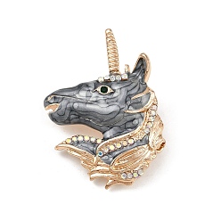 Шифер Серый Эмалированные булавки единорога, Броши из сплава со стразами для рюкзака, шифер серый, 52x40 мм