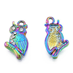 Rainbow Color 304 подвески из нержавеющей стали, с кристально горный хрусталь, сова, Радуга цветов, 20x11x3 мм, отверстие : 1.6 мм