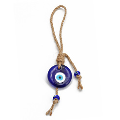 Round Evil Eye Glass Pendant Decorations, Tassel Hemp Rope Hanging Ornament, Royal Blue, Round Pattern, 370mm