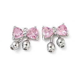 Real Platinum Plated Rack Plating Brass Pendants, with Pearl Pink Glass, Bowknot Charms, Real Platinum Plated, 14x13x4mm, Hole: 1.4mm
