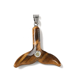 Тигровый глаз Природных тигровый глаз подвески, подвески в виде хвоста кита с 201 микрофиброй из нержавеющей стали и кубическими циркониями, цвет нержавеющей стали, 30.5x32x6.5 мм, отверстие : 6x3.5 мм