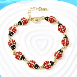 Красный Латунные браслеты с подвесками для женщин, божья коровка, с эмалью, без кадмия и без свинца, стойки покрытие, реальный 18 k позолоченный, красные, 7-1/4 дюйм (18.5 см)
