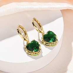 Морско-зеленый Серьги-кольца в форме сердца из латуни и стекла ко Дню святого Валентина, без свинца и без кадмия, долговечный, стойки покрытие, реальный 18 k позолоченный, цвета морской волны, 28x12.5 мм