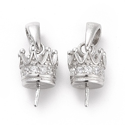 Платина Родиевое покрытие 925 колышки для чашек из стерлингового серебра, с прозрачной кубической циконией, корона, за половину пробурено бисера, платина, 11x6 мм, отверстие : 4x2.3 мм, штифты : 0.6 мм