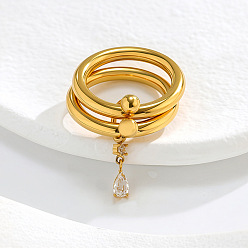 Золотой Двухслойные 304 кольца из нержавеющей стали и кубического циркония, слеза, золотые, размер США 7 (17.3 мм)