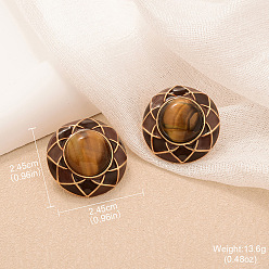 Плоский Круглый Серьги-гвоздики из натурального сплава тигрового глаза, золотые, плоско-круглые, 24.5 мм