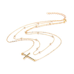 Golden Double Layer Necklaces, with Brass Satellite Chains, Brass Cubic Zirconia Links, Lobster Claw Clasps and Box, Cross, Golden, 16.53 inch(42cm), 1mm