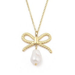 Золотой 304 ожерелья из нержавеющей стали и пластика с подвеской в виде банта из жемчуга и цепочки, золотые, 15.67 дюйм (39.8 см)