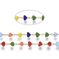 Colorful Handmade Faceted Glass Beaded Chains, with Stainless Steel Cable Chains and Spool, Soldered, Triangle, Golden, Colorful, Link: 2.5x1.5x0.3mm, Beads: 3.5x2.5x3mm, about 32.8 Feet(10m)/roll
