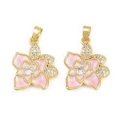 Pink Brass Micro Pave Clear Cubic Zirconia Pendants, with Enamel, Flower Charms, Real 18K Gold Plated, Pink, 21x17x4mm, Hole: 5x2.5mm