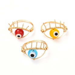 Mixed Color Copper Wire Wrapped Handmade Lampwork Finger Rings for Women, Evil Eye, Real 18K Gold Plated, Mixed Color, US Size 8 1/2(18.5mm)