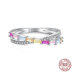 Platine Bagues croisées en argent sterling plaqué rhodium anti-ternissement, avec zircons, avec cachet s, platine, diamètre intérieur: 925 mm