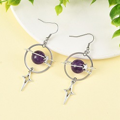Labradorite Natural Labradorite & Alloy Pendant Dangle Earrings, Planet, 316 Surgical Stainless Steel Dangle Earrings for Women, 70x31.5mm