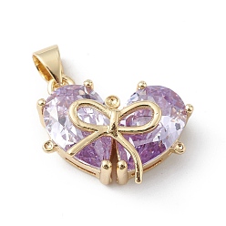 Medium Purple Rack Plating Brass Micro Pave Cubic Zirconia Pendants, Long-Lasting Plated, Cadmium Free & Lead Free, Real 18K Gold Plated, Heart with Bowknot Charm, Medium Purple, 19x18x8mm, Hole: 5x3mm