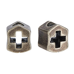 Античное Серебро Латуни европейского бисера, большое отверстие шарик, крест и щит, античное серебро, 12.5x10.5x9 мм, отверстие : 4.5 мм