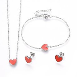 Нержавеющая Сталь Цвет 304 нержавеющей стали ювелирных изделий, подвесные ожерелья и серьги и браслеты, с эмалью, сердце, оранжево-красный, цвет нержавеющей стали, 15.75 дюйм (40 см), 6-3/4 дюйм (17 см), 9x10x2 мм, штифты : 0.8 мм