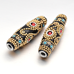Черный Овальные бусины индонезийского стиля, с алюминиевыми жилами металл платиновой группы цветных, чёрные, 60x17 мм, отверстие : 4 мм