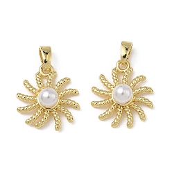 Настоящее золото 18K Латунные подвески, очарование подсолнуха, с abs имитационными жемчужными бусинами , реальный 18 k позолоченный, 17x15x6 мм, отверстие : 4x2.5 мм