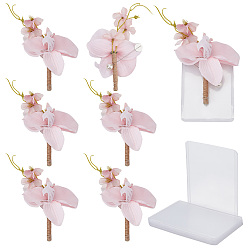 Бледно-Розовый Бутоньерка из искусственного цветка из шелковой ткани, с пластиковой и железной брошью, для свадьбы, партийные украшения, с держателем удостоверения личности из ПВХ, розовый жемчуг, 200x88x60.5 мм, 6 шт