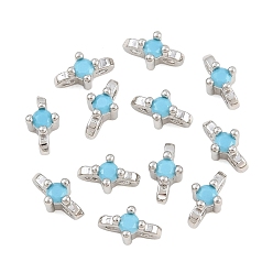 Deep Sky Blue SHEGRACE Brass Micro Pave Cubic Zirconia Connector Charms, Flower Links, Cadmium Free & Lead Free & Nickel Free, Long-Lasting Plated, Platinum, Deep Sky Blue, 7x4x4mm, Hole: 1mm