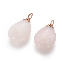 Rose Quartz Natural Rose Quartz Pendants, with Rose Gold Tone Brass Findings, teardrop, 36~37x21~22x7~8mm, Hole: 4~5mm