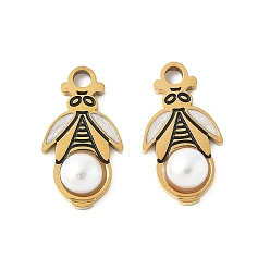 Белый 304 нержавеющей стальной эмали подвески, с пластмассовой жемчужиной abs, очарование пчел, ионное покрытие (ip), белые, 17x9x3.5 мм, отверстие : 2 мм