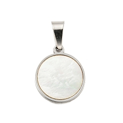 Нержавеющая Сталь Цвет 304 плоские круглые подвески из нержавеющей стали с натуральным белым корпусом, цвет нержавеющей стали, 14x11.5x1.5 мм, отверстие : 5.5x3 мм