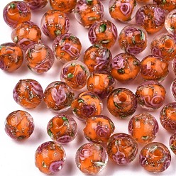 Оранжевый Бусины ручной работы бусины золотого песка, со цветком внутри , круглые, оранжевые, 8x7~8 мм, отверстие : 1.4 мм