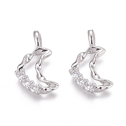 Платинированный Латунные микропаве прозрачные подвески с фианитом, долговечный, поворот луны, Реальная платина, 16x9.5x2 мм, отверстие : 3 мм