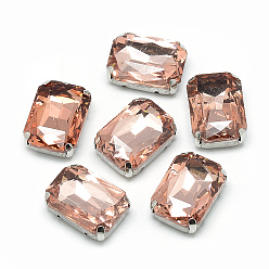 Темный Лосось Шить на горный хрусталь, стекло горный хрусталь, с настройками латуни, аксессуары для одежды, граненые, восьмиугольник, платина, темный лосось, 18x13x7 мм, отверстие : 0.8~1 мм