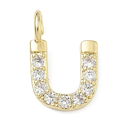 Letter U Латунные микропаве прозрачные подвески с фианитом, без кадмия и без свинца, долговечный, стойки покрытие, реальный 18 k позолоченный, Буква U, 19x12.5x2.5 мм, отверстие : 2.5 мм