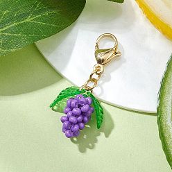 Orquídea Oscura Colgante decorativo con forma de uva y cuentas de vidrio, 304 dijes con cierre de pinza de langosta de acero inoxidable para adornos de bolsos, orquídea oscura, 38.5 mm