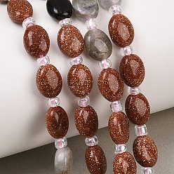 Смешанные камни Нити из вишневого кварцевого стекла, натурального лабрадорита, синтетического золотистого камня и обсидиана, Плоско-овальные, с бисером, 8~8.5x6~6.4x3.8~4 мм, отверстие : 0.7 мм, около 37 шт / нитка, 15.28'' (38.8 см)