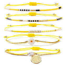Желтый 5 шт. 5 браслеты в богемном стиле из стеклянного бисера и плетеных бусин, а также 304 двухслойные браслеты с подвесками из нержавеющей стали для женщин, ромашка и плоский круглый цветок со святым Бенедиктом, желтые, 11.02 дюйм (28 см)
