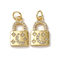 Настоящее золото 18K Латунные микропаве прозрачные подвески с фианитом, прямоугольник с замком в виде луны и звезды, с целью перехода в кольце, стойки покрытие, долговечный, без свинца и без кадмия, реальный 18 k позолоченный, 16x9x3 мм, отверстие : 3.5 мм