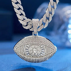 Платина Мужские кубинские звенья цепи с подвеской от сглаза из цинкового сплава, полностью украшенной кристаллами и стразами, платина, 19.69 дюйм (50 см)