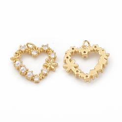 Настоящее золото 18K Кулоны из экологически чистой латуни с микропаве и кубическим цирконием, с прыгающим кольцом и пластиковой жемчужиной, без свинца и без кадмия, долговечный, сердце с цветочным шармом, реальный 18 k позолоченный, 19x21.5x4 мм, отверстие : 3.5 мм