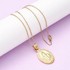 Настоящее золото 18K 304 Овальные ожерелья из нержавеющей стали с подвеской в виде Девы Марии для женщин, ионное покрытие (ip), реальный 18 k позолоченный, 17.60 дюйм (44.7 см)