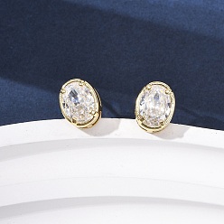 Oval Серьги-гвоздики из латунного микро-паве, стойки покрытие, долговечный, без кадмия и без свинца, реальный 18 k позолоченный, овальные, 10x7.5 мм