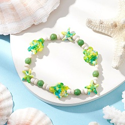 Зелено-Желтый Синтетические бирюзовые бусины с морскими звездами и черепахами, эластичные браслеты для женщин, зеленый желтый, внутренний диаметр: 2-1/8~2-1/4 дюйм (5.3~5.8 см)
