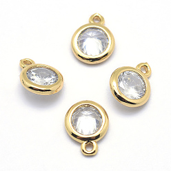 Real 18K Gold Plated Brass Cubic Zirconia Pendants, Flat Round Charms, Lead Free & Cadmium Free, Real 18K Gold Plated, 8.5x6.5x3mm, Hole: 1mm