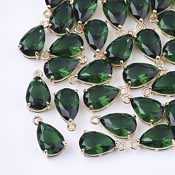 Морско-зеленый Прозрачные стеклянные амулеты, с латунной фурнитурой , граненые, слеза, золотой свет, цвета морской волны, 15x8x6 мм, отверстие : 1.2 мм