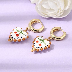 Coloré Boucles d'oreilles créoles en laiton, coeur avec motif de fleurs, avec porcelaine, sans plomb et sans cadmium, crémaillère plaquage, plaqué longue durée, réel 18 k plaqué or, colorées, 40~41x17mm