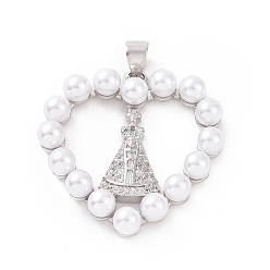 Платина Латунные микро проложить кубического циркония подвески, без кадмия и без свинца, с абс пластмассовой имитационной жемчужиной, подвески в форме сердца с королевой, платина, 26x26x5 мм, отверстие : 3.5x5 мм