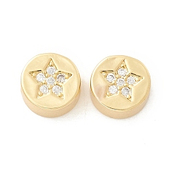 Real 18K Gold Plated Rack Plating Eco-Friendly Brass Beads, Micro Pave Clear Cubic Zirconia, Long-Lasting Plated, Cadmium Free & Lead Free, Flat Round with Star, Real 18K Gold Plated, 11x6.2mm, Hole: 2.7mm