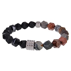 Морский Агат Эластичные браслеты из натурального океанического агата и обсидиана для мужчин., многоугольник, с колонновидным валиком из нержавеющей стали, 7.09 дюйм (18 см) ~ 8.66 дюйм (22 см)