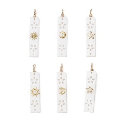 Белый 6 шт 6 стили натуральные ракушки прямоугольные подвески, с латунными ломтиками солнца, луны и звезды, золотые, белые, 36x7x2.5~3 мм, отверстие : 3 мм, 1 шт / стиль